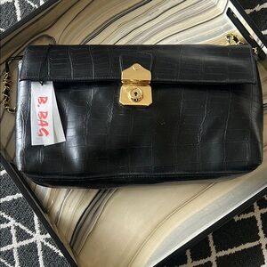 Black Croc-Embossed Leather Shoulder Bag with Gold Lock